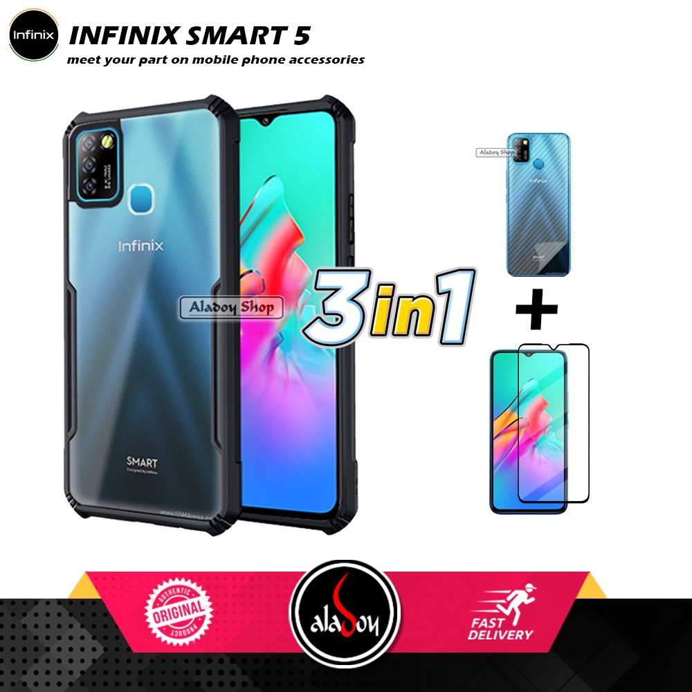 Case Infinix Smart 5 Armor Fushion Transparent Casing + Tempered Glass Full Layar dan Skin Carbon