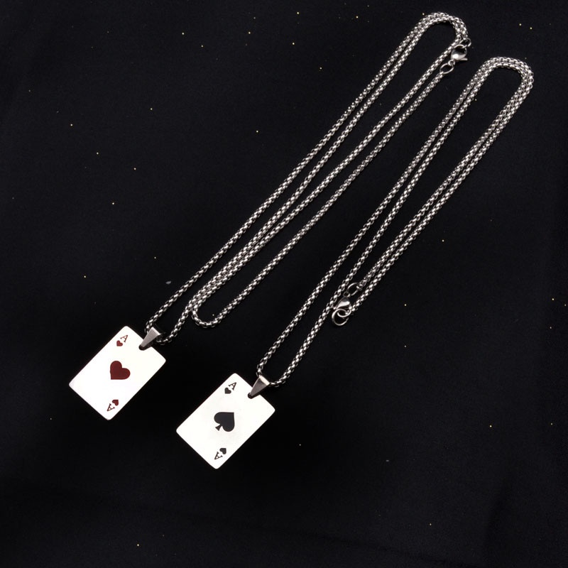 Kalung Liontin Kartu Poker Bahan Stainless Steel Warna Merah Hitam Silver Untuk Pria