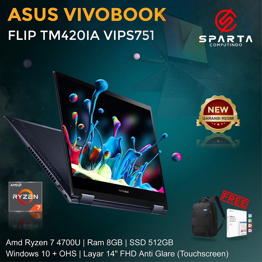 Asus VivoBook Flip TM420IA-VIPS751 AMD Ryzen 7 4700U Ram 8GB SSD 512GB  14″ Touch Win 10 Home OHS 2019