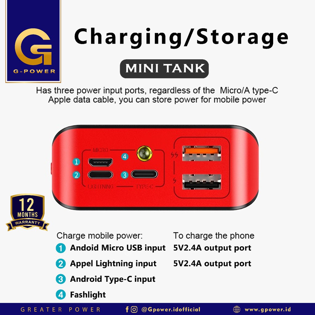 Powerbank 10000 mAh Built-in 2 Senter  fast charging gpower with kabel Data lightning Type C Micro USB LED Display Real Capacity Power Bank Original Portable