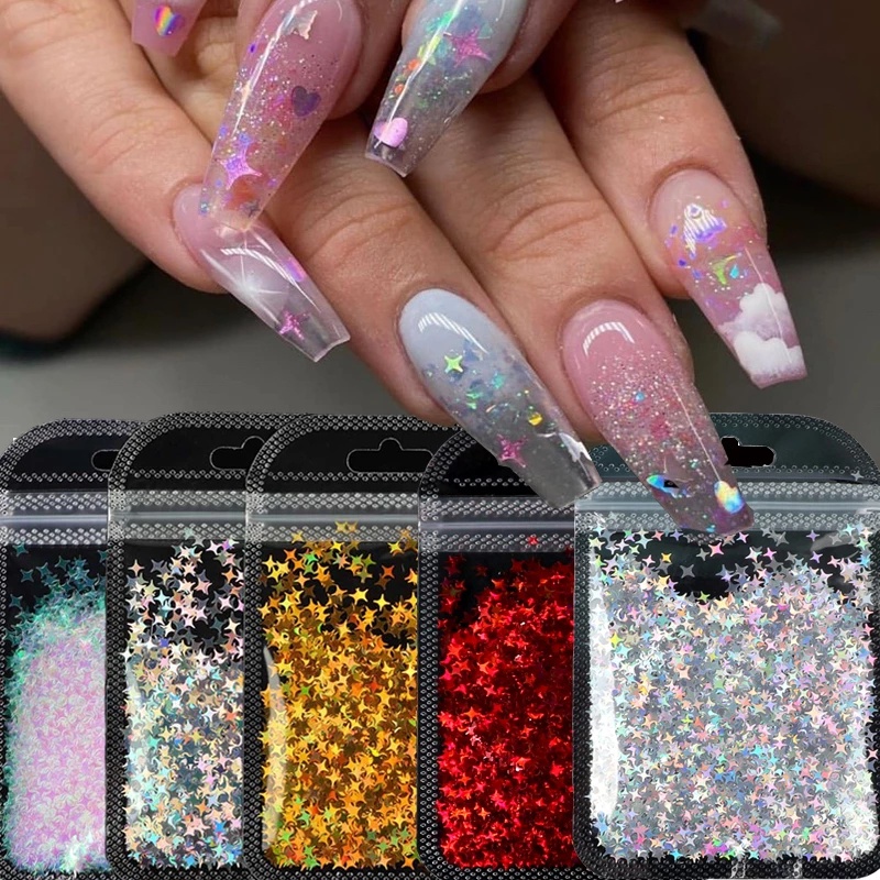 1 Kantong Stiker Kuku Glitter Sequin Holografik Bentuk Bintang 3D Warna-Warni Untuk Dekorasi Nail Art