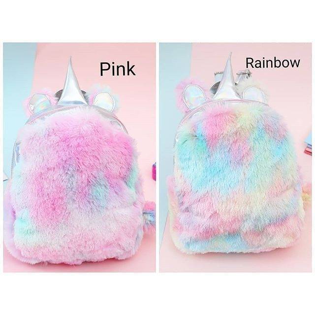 32003/4 UNICORN FLUFFY BAG / TAS UNICORN BULU RAINBOW / RANSEL PINK UNICORN ANAK IMPORT KOREA