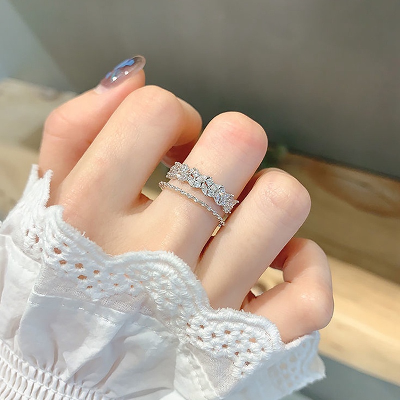 Cincin Model Terbuka Desain Daun Lapis Ganda Bahan Zirkon Warna Silver Gaya Korea