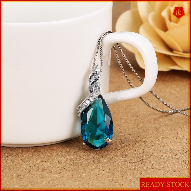 [Ready Stock]Fashion 925 Silver Drop-Shaped Sapphire Blue Crystal Pendant Necklace