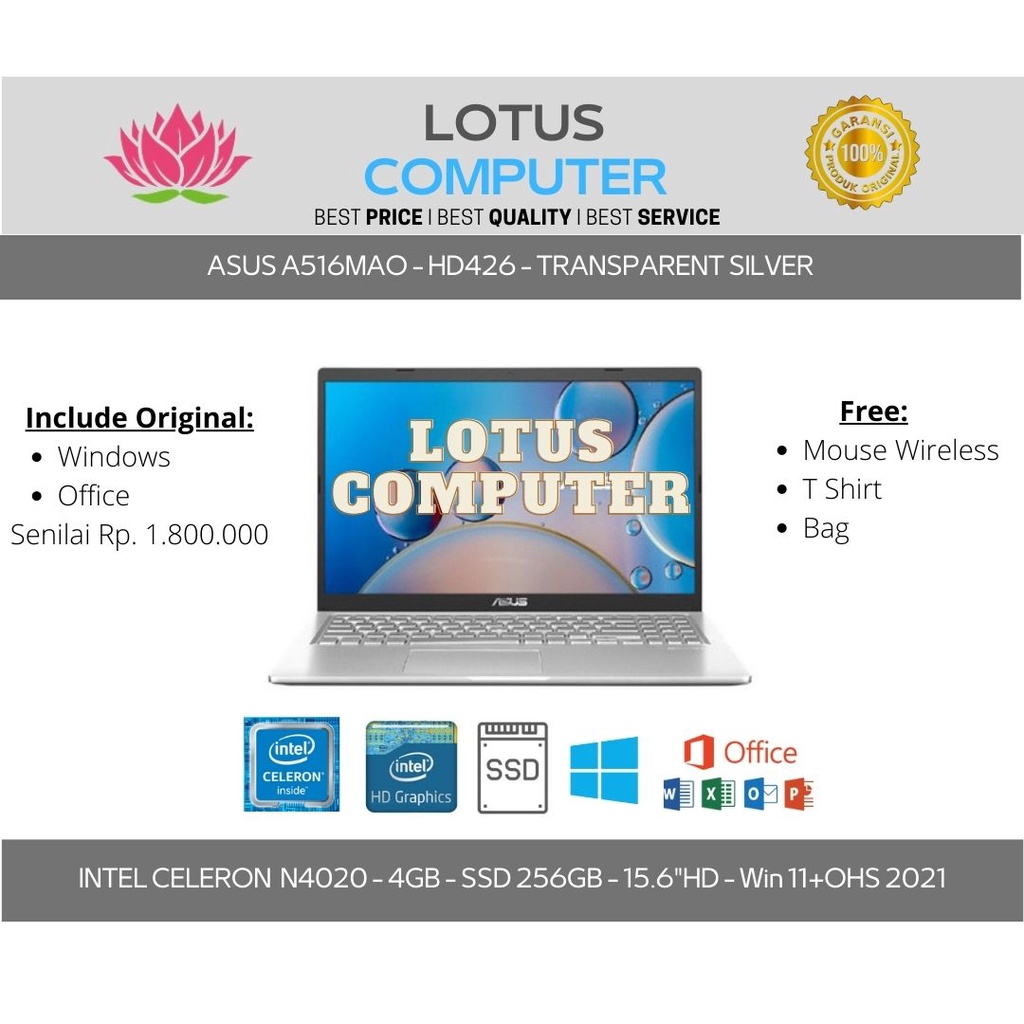 ASUS A516MAO-HD426/Celeron N4020/4GB/256GB/15.6"HD/Win 11/Silver