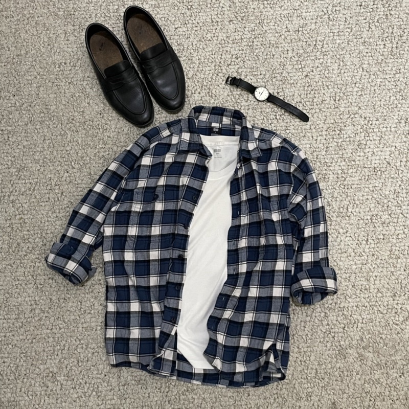 UNIQLO KEMEJA PRIA FLANNEL BLUE