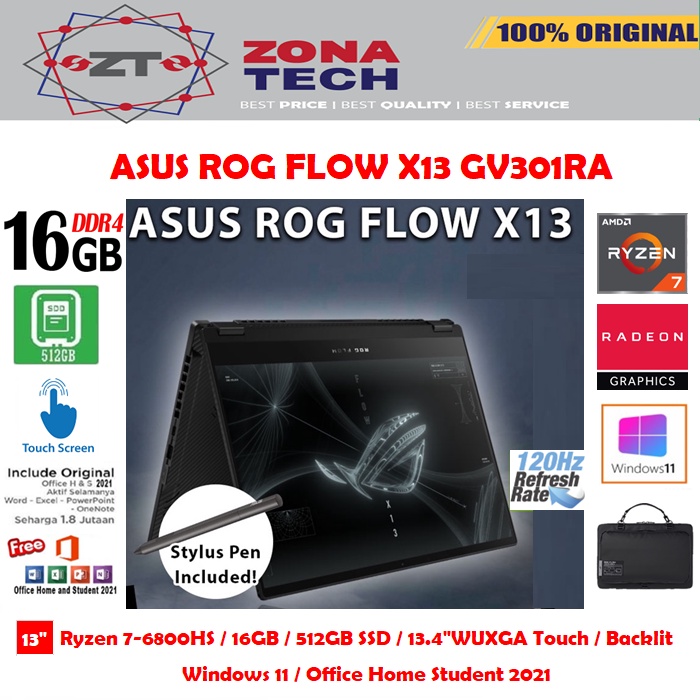 ASUS ROG FLOW X13 GV301RA - RYZEN 7-6800HS - 16GB - 512GB SSD - BACKLIT KB - 13.4&quot;WUXGA TOUCH - WIN11 - OHS