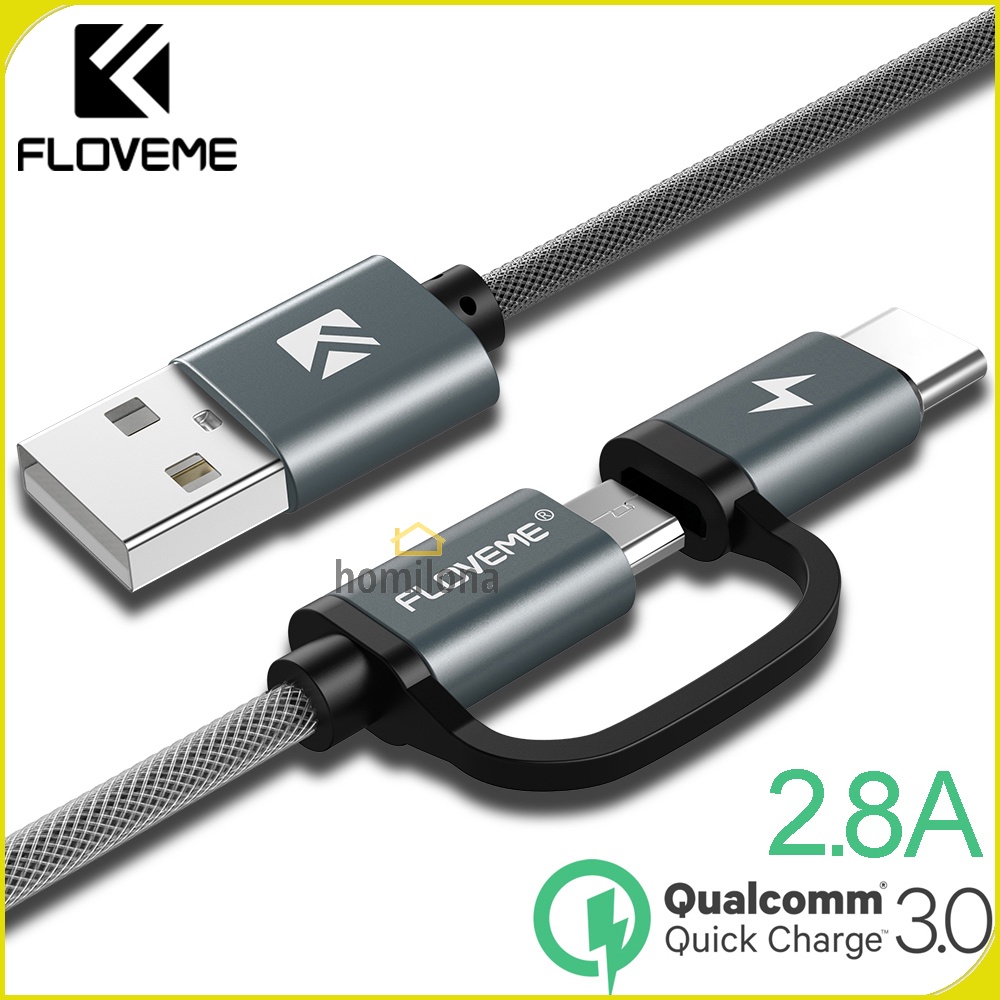 Kabel Charger 2 in 1 Micro USB + USB Type C QC3.0 2.8 A 100 cm - Floveme D38121 - Gray