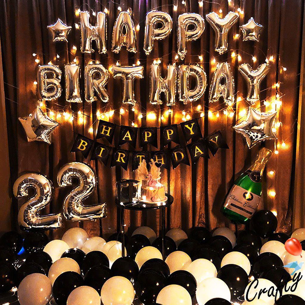 [PAKET] BIRTHDAY Set FANCY CHAMPAGNE B&amp;W Dekorasi Backdrop Ulangtahun