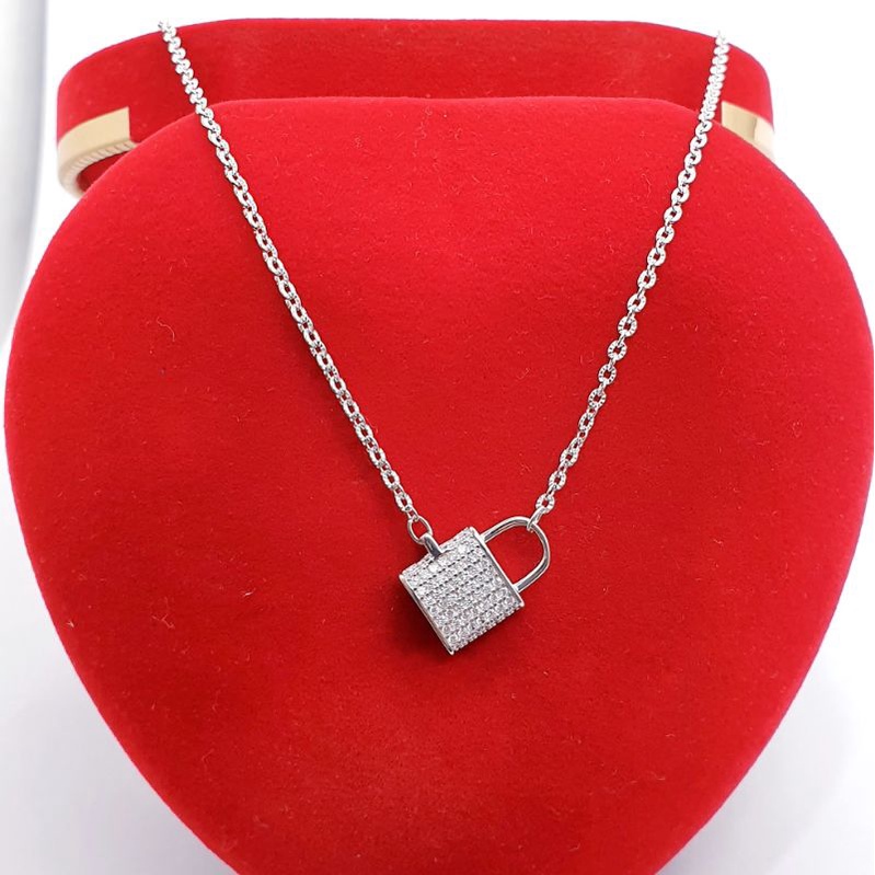 Kalung Rantai Liontin Perak 925 Asli Lapis Emas Putih / Kalung Wanita Liontin Model Gembok Silver 92