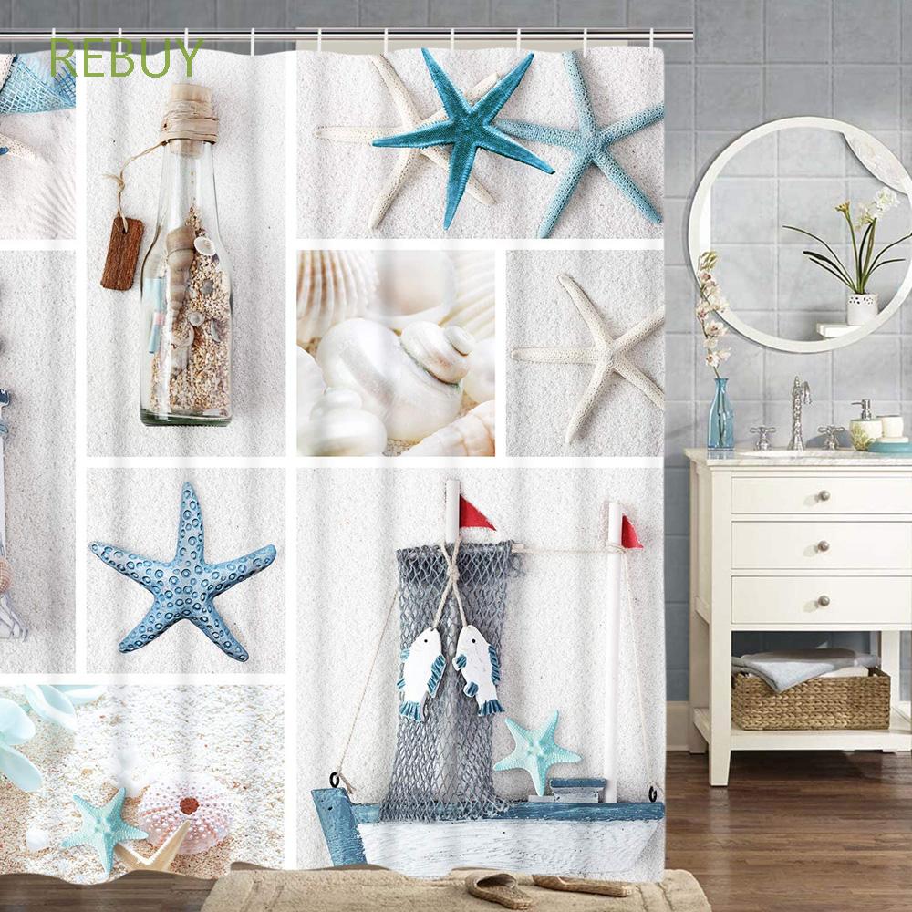 Rebuy Beach Ocean Shell With 12pcs Hooks Bathtub Shower Curtain