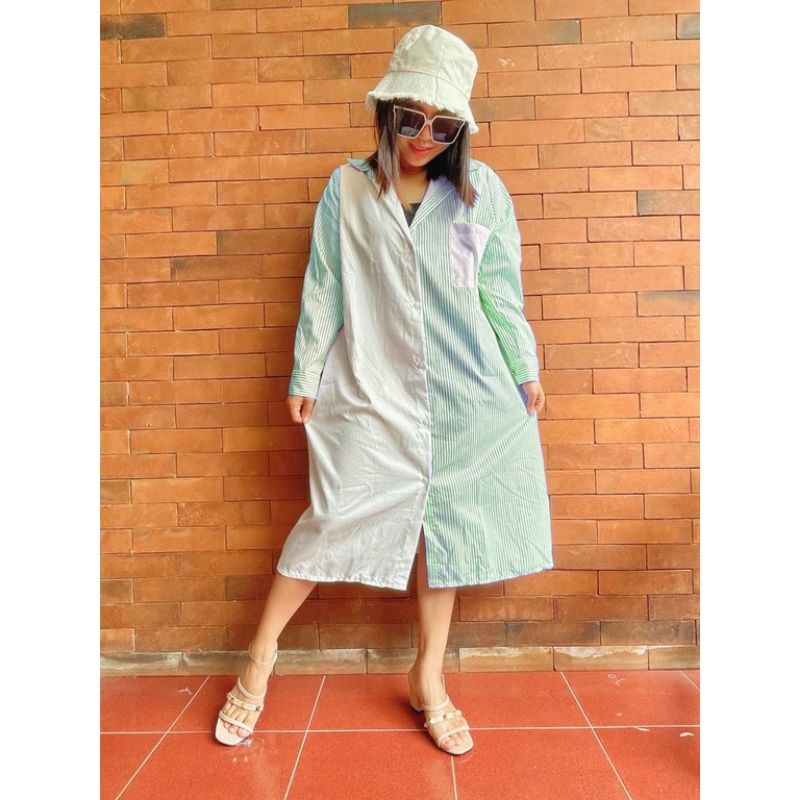 0tunik wanita disa mix salur kombinasi kotak square strip long dress jumbo