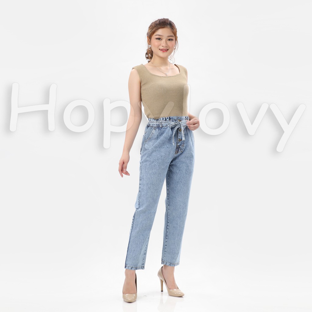 HOPYLOVY - Celana Boyfriend Jeans Wanita Pinggang Karet BF Comfy Ezra 3020