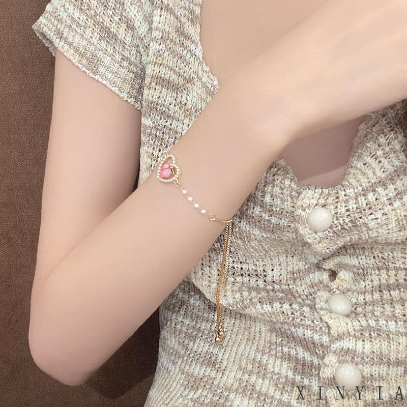 【Bayar di tempat】Gelang Tangan Rantai Wanita Desain Hati Hollow Hias Mutiara Warna Pink Peach Gaya Korea