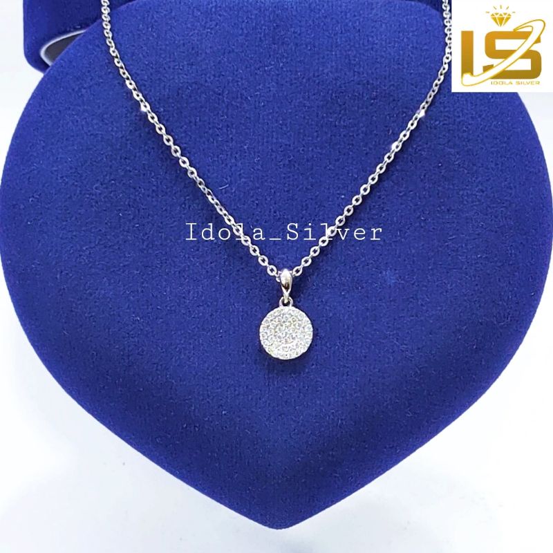 KALUNG PERAK ASLI SILVER WANITA 925 LAPIS EMAS PUTIH MODEL LIONTIN BULAT PERMATA FULL - PERHIASAN PERAK WANITA