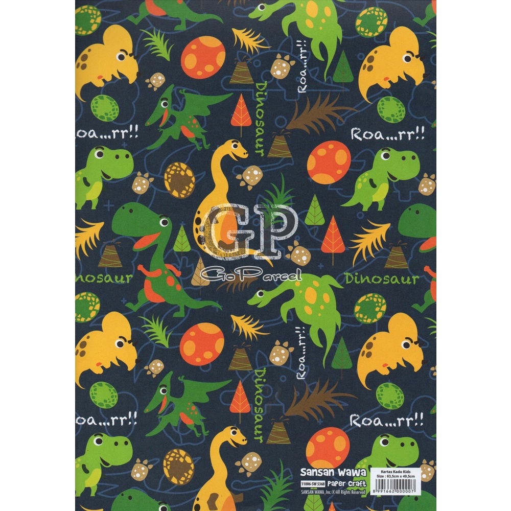 ( 5 Lembar ) DINO SANWA - KERTAS KADO DINOSAURUS - GIFT WRAP PAPER SANSAN WAWA DINOSAURUS CUTE ANIMAL T-REX  / BRONTOSAURUS / TRICERATOPS / VELOCIRAPTOR / DILOPHOSAURUS / SPINOSAURUS / CORYYTHOSAURUS / TYRANNOSAURUS REX