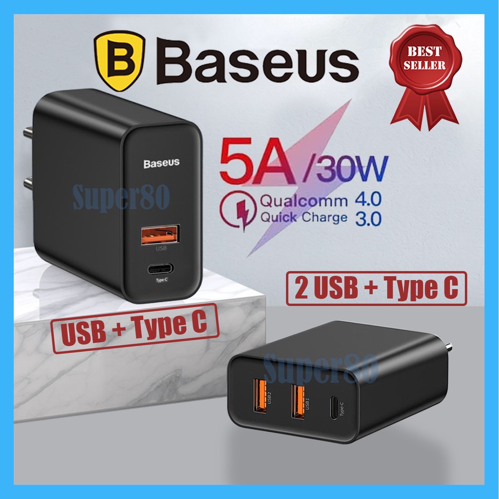 Baseus Adaptor PD 30W USB + Type C Kepala Charger Adapter QC 3.0 Fast Charging PPS Dual Triple Port