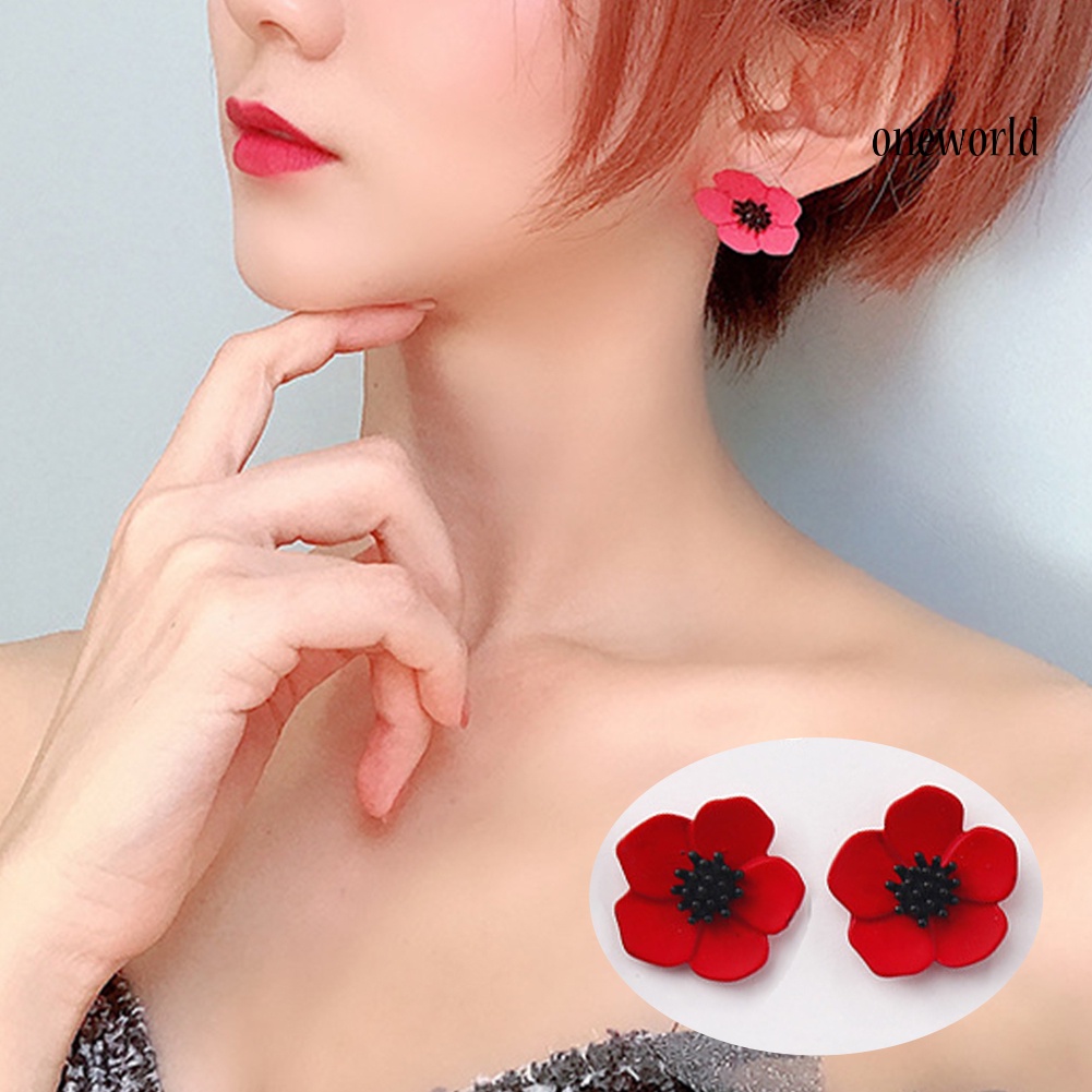 OW@ Women Fashion Painting Flower Faux Pearl Red Lips Stud Earrings Jewelry Gift