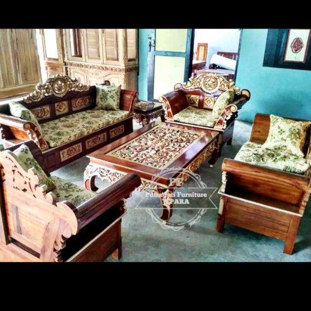 1 Set Kursi Madura Tamu Kayu Jati + Busa - Meja Kursi Sofa Jati Ukir Jepara