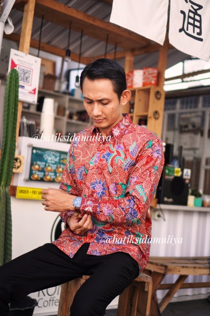 Sidamuliya Batik Kemeja Pria Slimfit Premium Red Phoenix Lengan Panjang