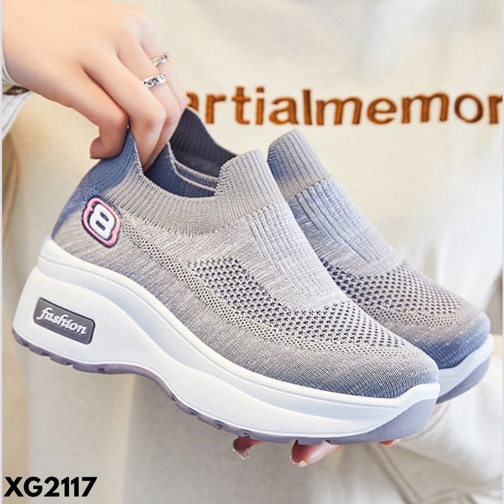 SEPATU SNEAKERS WANITA KEKINIAN SOLE TINGGI LARIS MURAH NYAMAN FLYKNIT IMPORT G2117