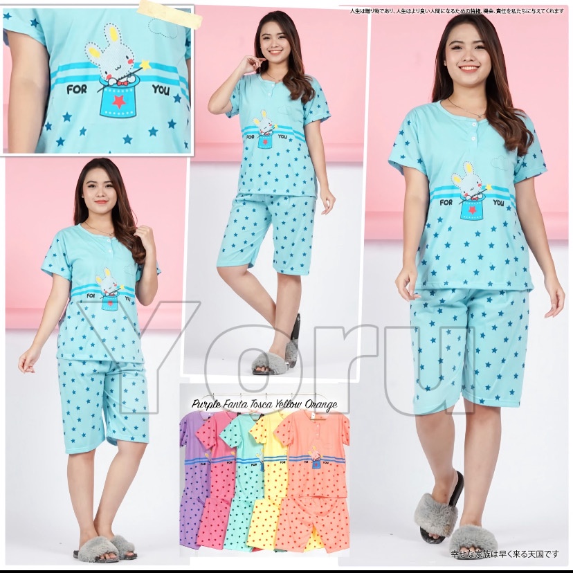 Pamelo.id Stelan C3/4 Baby Doll / Suplier Sleep Wear / Baju Tidur Wanita kaos Katun / Stelan Baju Tidur Murah Produk Terlaris Set HP-Rabbit star Toska