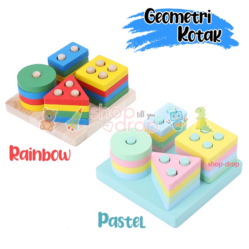 Mainan Edukasi Puzzle Geometri Kayu Board - Puzzle Kayu Balok - Puzzle Sortir Shape Rainbow Pastel