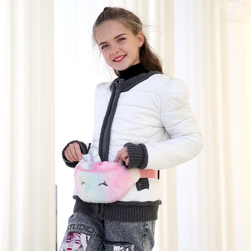 tas waist bag anak unicorn rainbow tas selempang / pinggang bulu unicorn