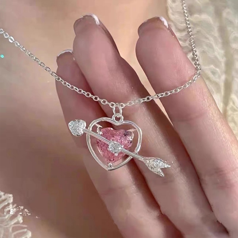 Anting Gelang Rantai Tulang Selangka Bentuk Panah Cupid Hati Warna Pink Permen