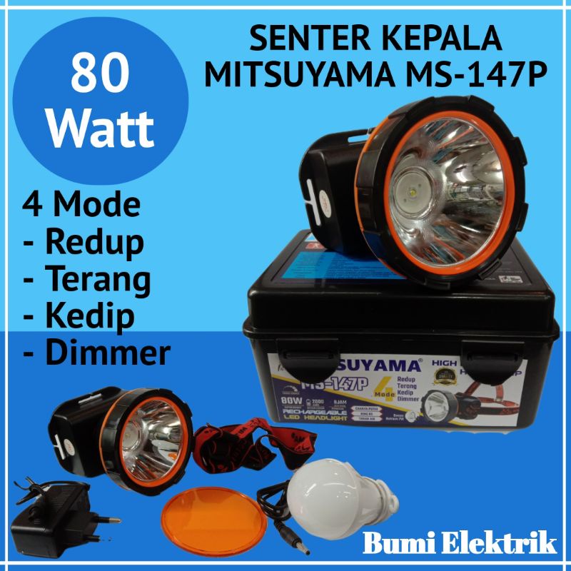 Mitsuyama Senter Kepala 80Watt MS-147P 80Watt Cahaya Putih - Senter Kepala LED 80W Ada 4 Mode Cahaya