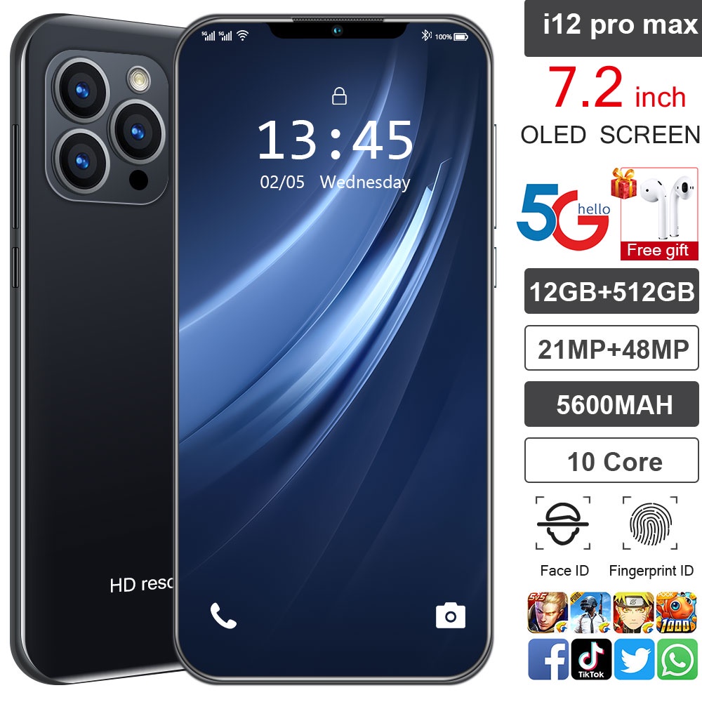 Smartphone Asli i12 Pro Max Android 12GB RAM + 512GB ROM Handphone Layar 7,2 inci Kamera HD Google Player 5G Telepon Bluetooth