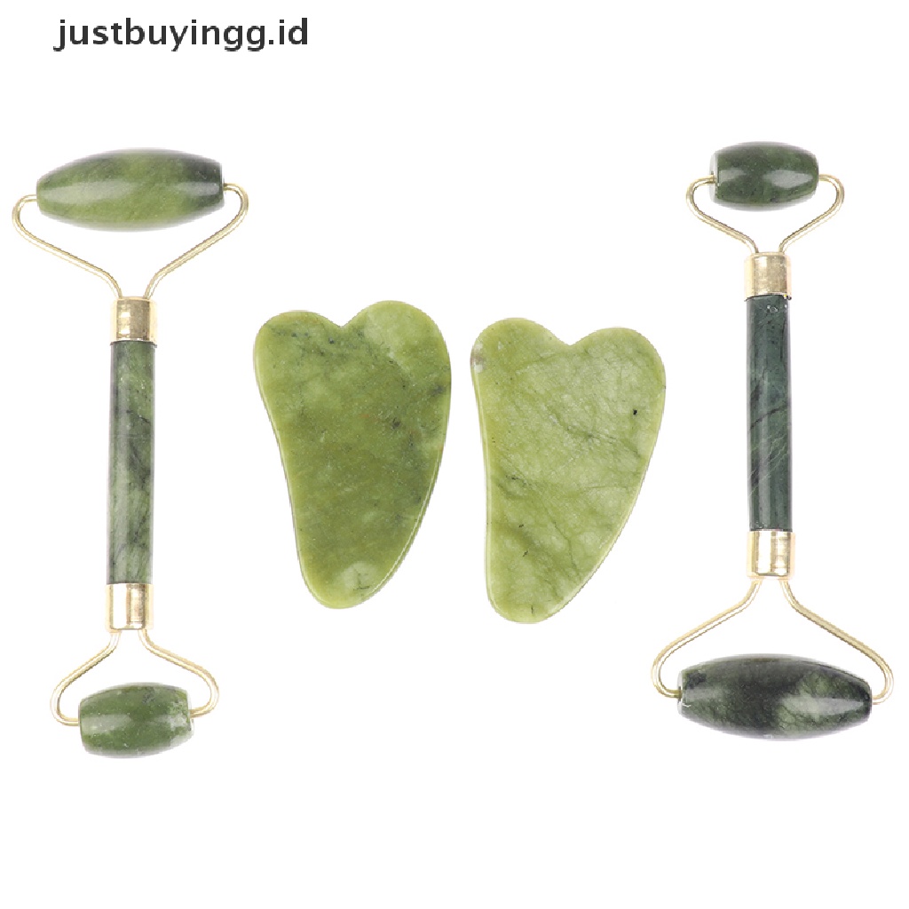 (Justbuyingg.Id) Set Roller Pijat Batu Giok Guasha Alami + Scraper Untuk Spa Wajah