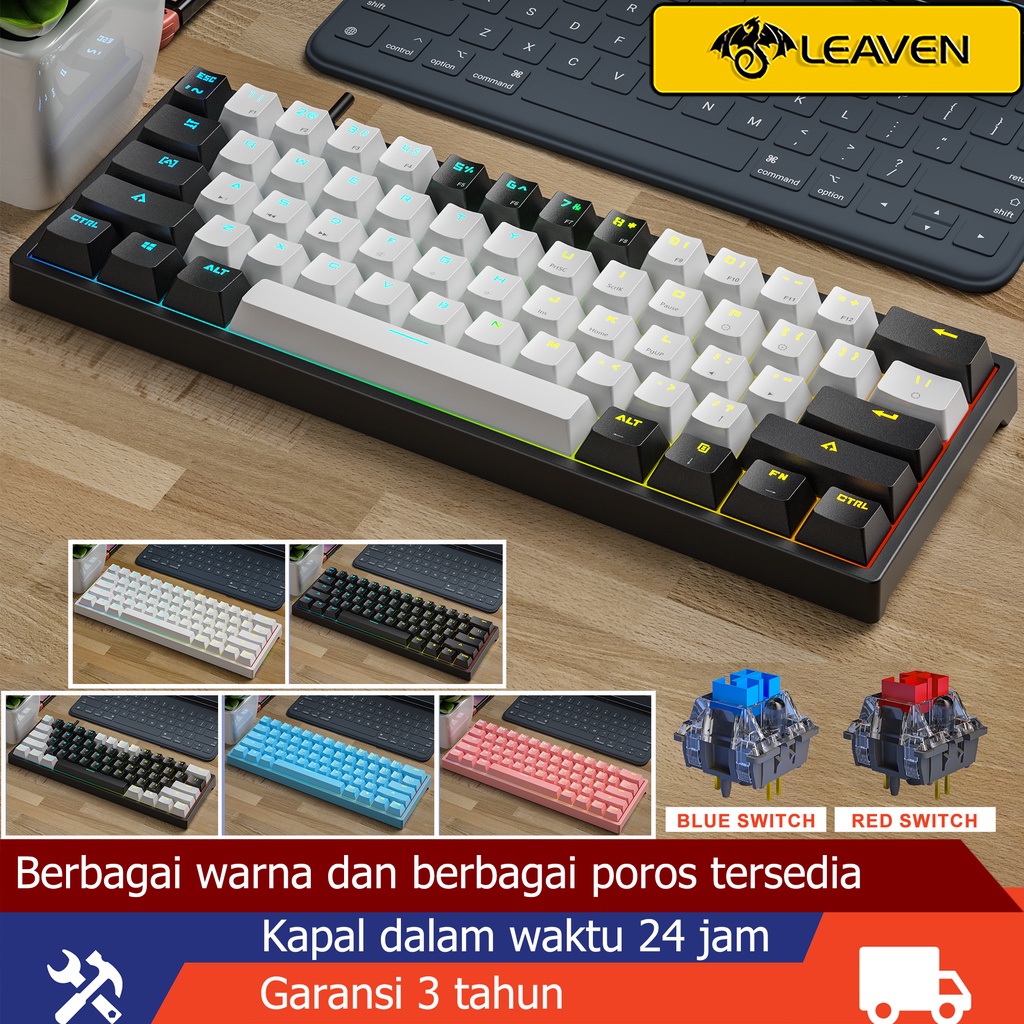 Jual LEAVEN K620 keyboard mechanical tkl rgb murah typec wired blue