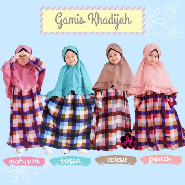 ZEA - Gamis Khadijah Kotak anak usia 1-8 tahun, Gamis anak katun motif, Gamis anak pink