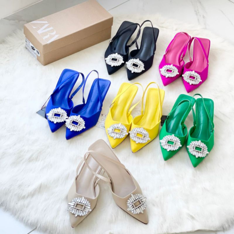Sepatu Zara Shoes Heels 3 cm Sandal Pesta Pink Kuning hitam biru hijau coklat nude yellow black blue