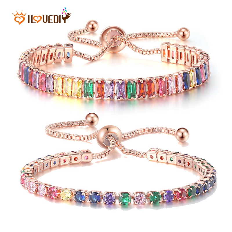 Gelang Rantai Adjustable Aksen Zircon Warna-Warni Gaya Bohemian Untuk Wanita