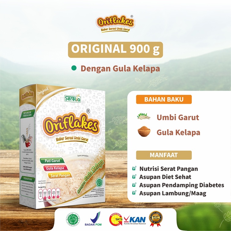 ORIFLAKES Sereal Umbi Garut ORIGINAL Sarapan Sehat Diet Solusi Maag - Asam Lambung - Asupan Diabetes - Kemasan Besar isi 900 gram