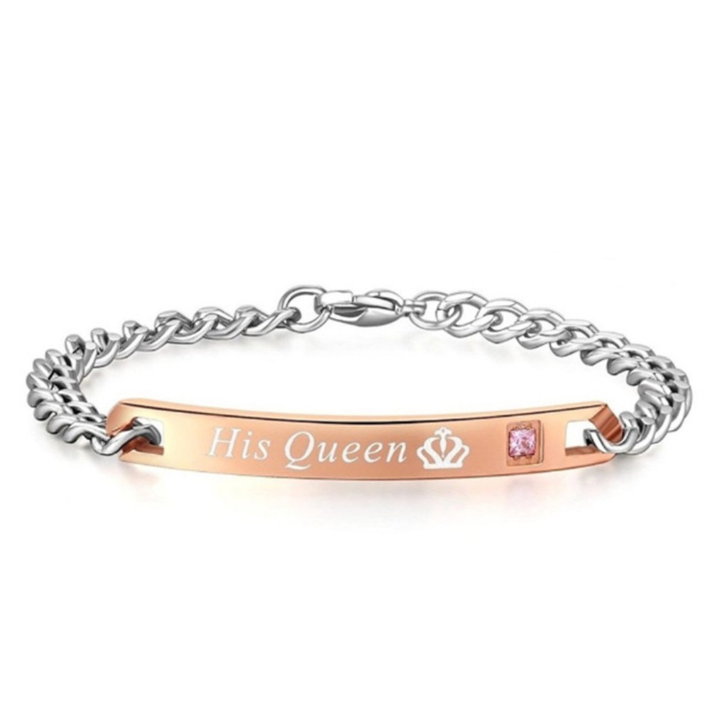 Gelang Pasangan Couple Bahan Stainless Steel Motif His Queen Her King untuk Pria / Wanita