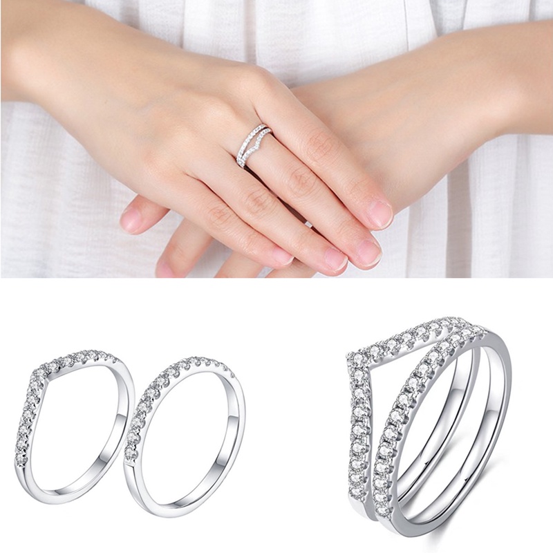 2pcs / Set Cincin Sterling Silver 925 Bentuk V Hias Cubic Zirconia Gaya Klasik / Romantis Untuk Wanita