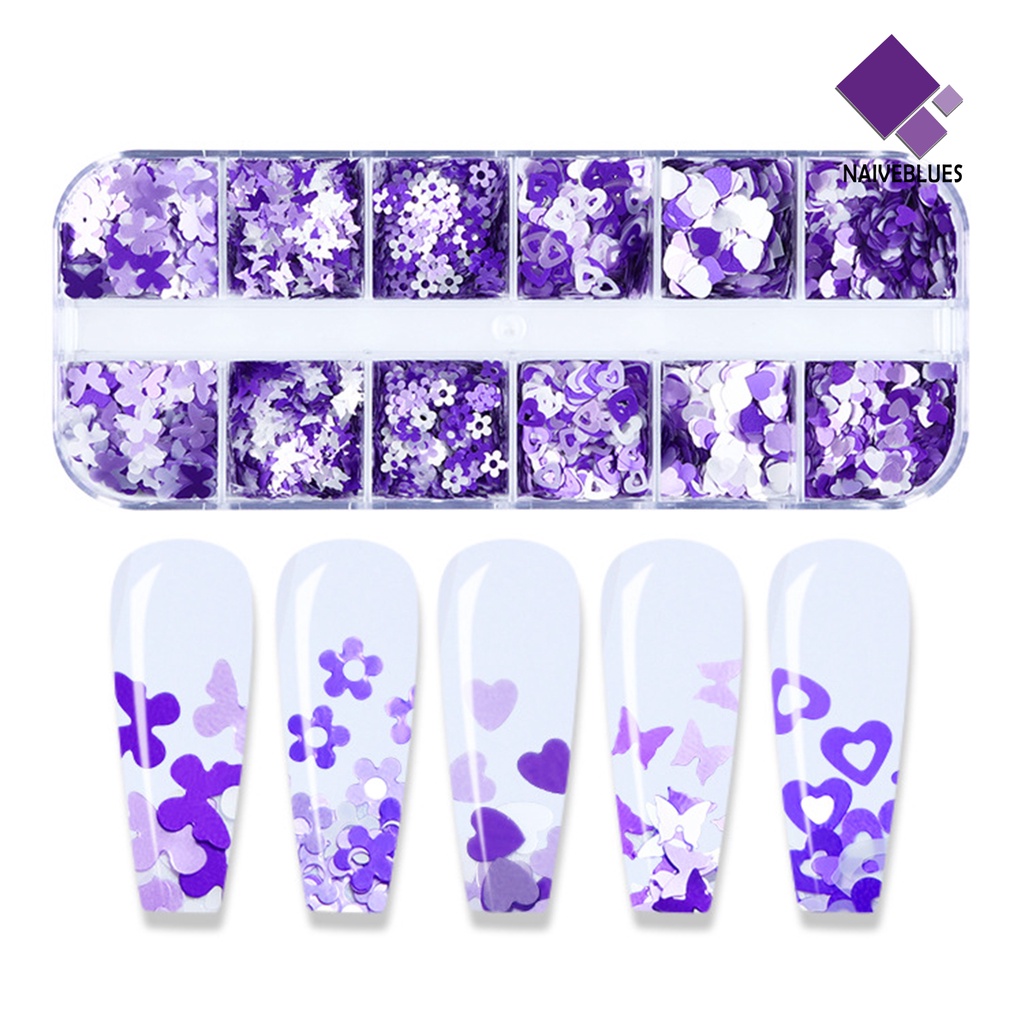 Naiveblue &gt; 12 Sekat / Set Hiasan Kuku Motif Bunga Plum Aksen Glitter Untuk Nail Art / Manicure