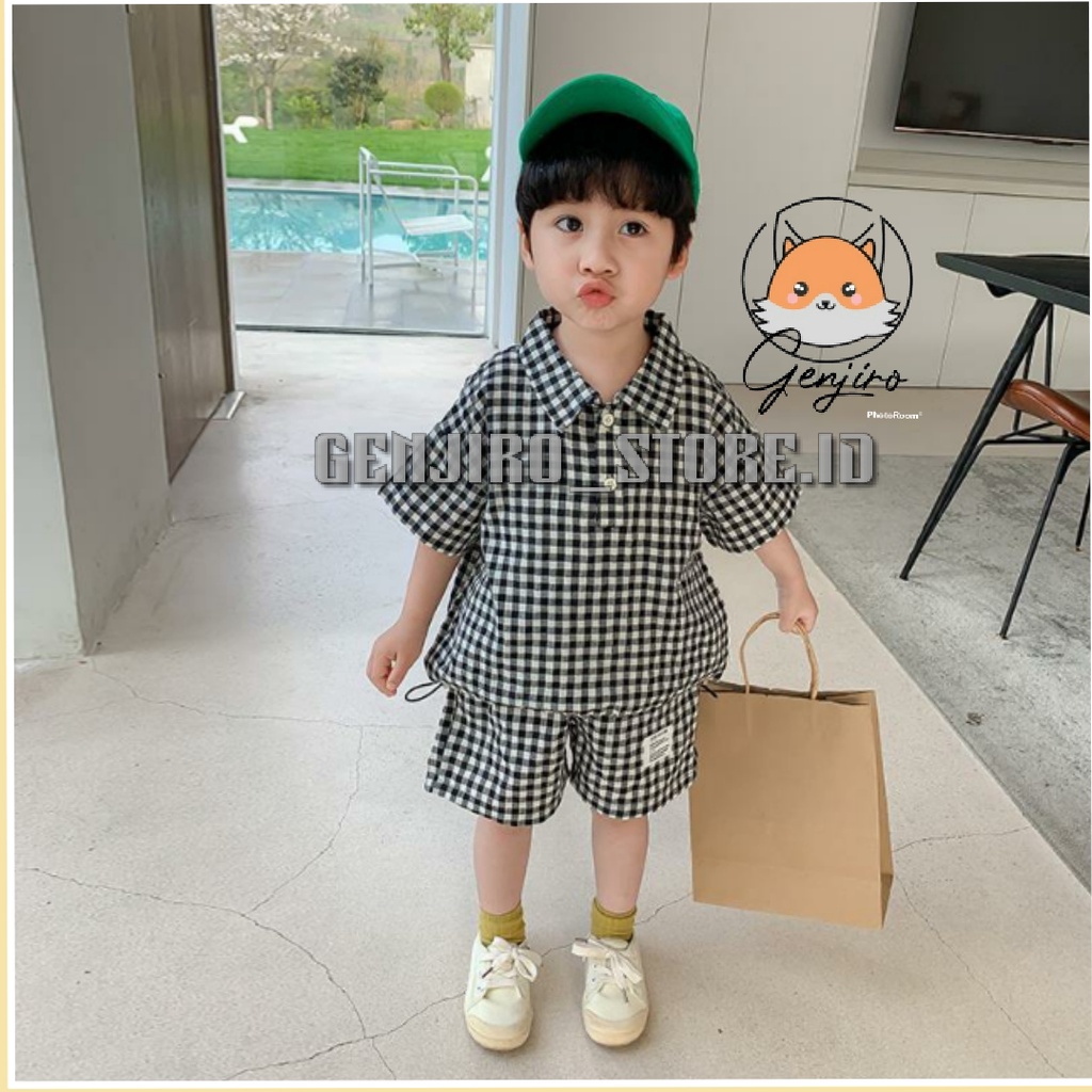 SETELAN ANK LAKI LAKI/ SETELAN WANGKY KOTAK KOTAK/BAWAH TALI +APLIKASI STOPER/BAJU GENJIRO/UNTUK ANAK USIA 1-4 TAHUN/BISA COD