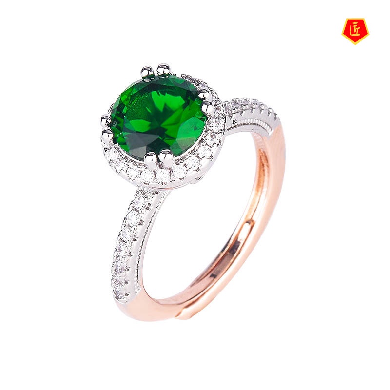 [Ready Stock]Inlaid Emerald Rose Gold Two-Tone Ring Ins Fashion