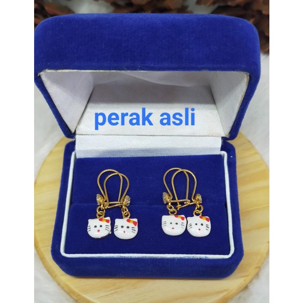 Anting Gantung Hello Kitty cat, Perak 925, Sepuh Emas Kuning