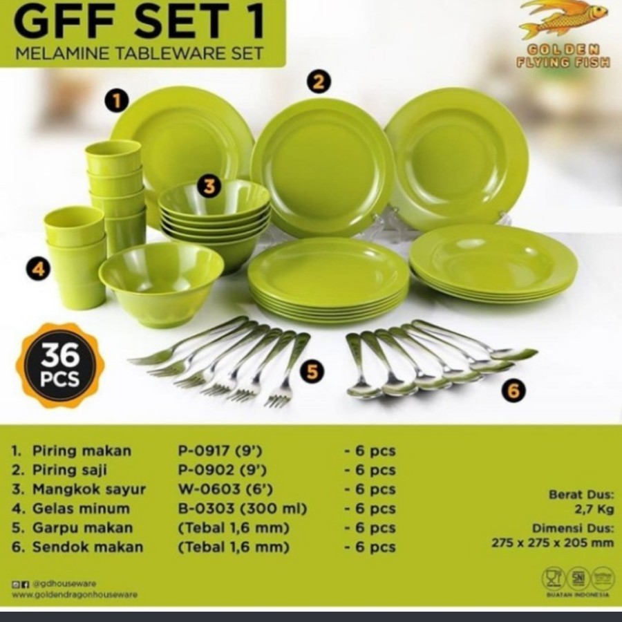 Piring mangkok Melamin set Golden Dragon 36 pcs - Hijau