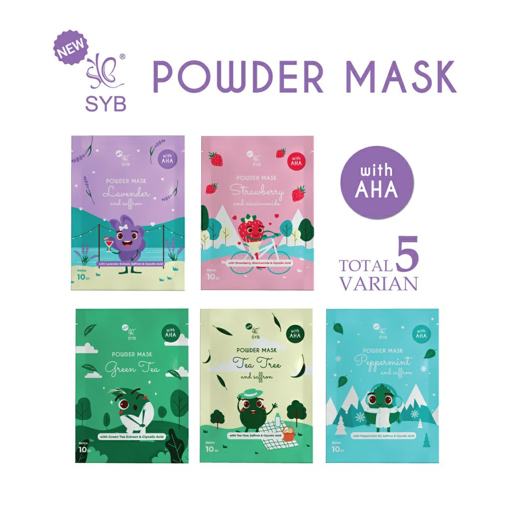 ☘️ CHAROZA ☘️ SYB Powder Mask Strawbeey / Lavender / Tea Tree / Peppermint / Green Tea 10 GR