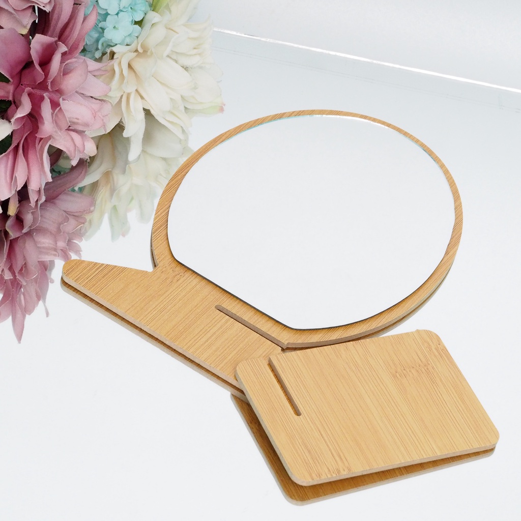 Cermin Persegi Oval Motif Kayu Kaca Make Up Cermin Rias Lipat Duduk Rakit Portable Makeup Beauty Mirror