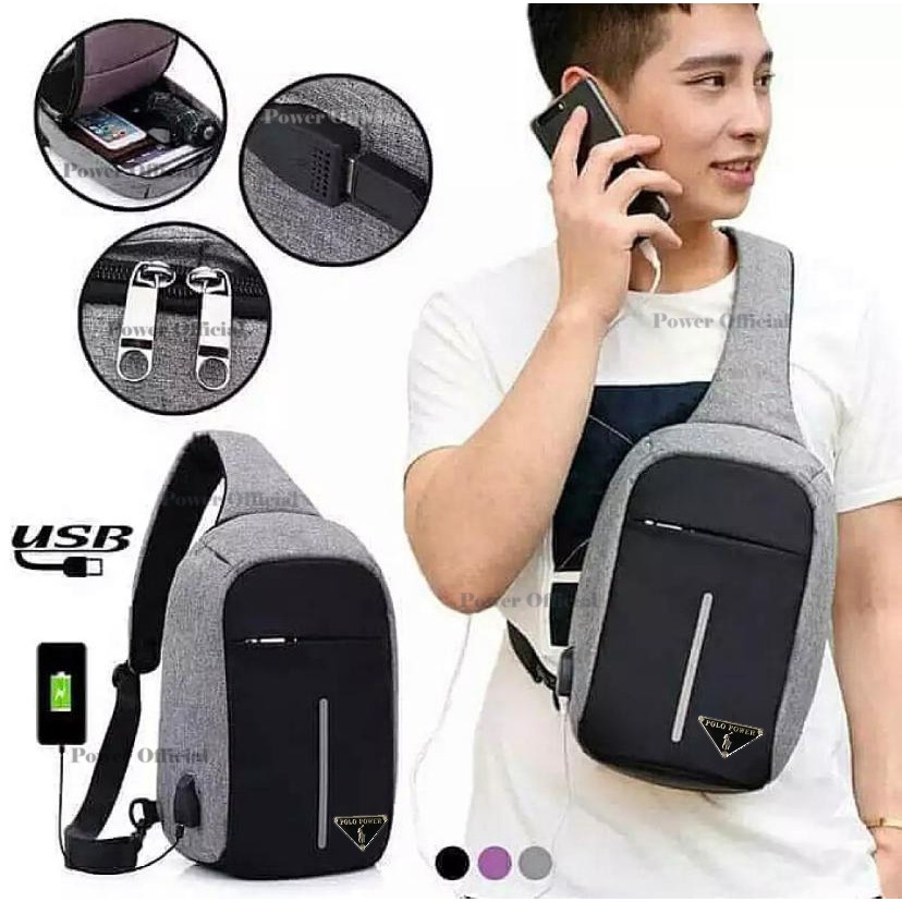 Polo Power Tas Selempang Pria Smart Crossbody Bag USB Portable Tas Selempang Anti Maling Import