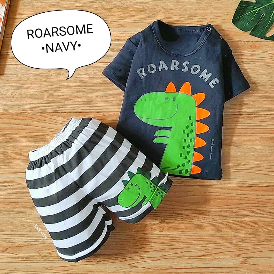 Klik Mds Setelan Baju Anak Bayi Laki-laki Atasan Dan Celana Motif Karakter Roar Some Dino / 1 Ukuran