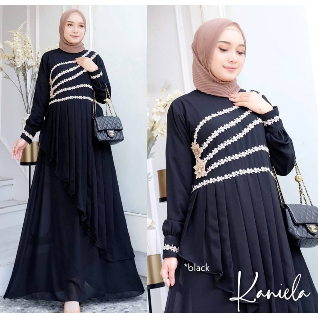 Gamis wanita KANIELA DRESS BAHAN CERUTY BABYDOLL APLIKASI RENDA LD 100 CM Gamis wanita terbaru 2023 Dress wanita kekinian Maxy dress wanita jumbo Baju muslim wanita modern Dress ceruty babydoll premium