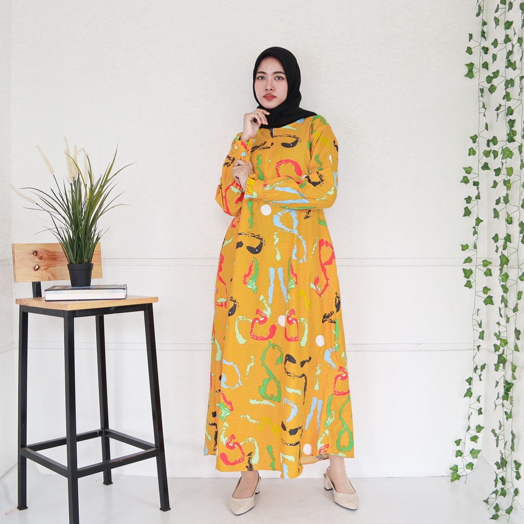 IZANY GAMIS / Dress Muslim XXL Jumbo Lengan Kancing Banyak Motif-HAVANA MUSTARD